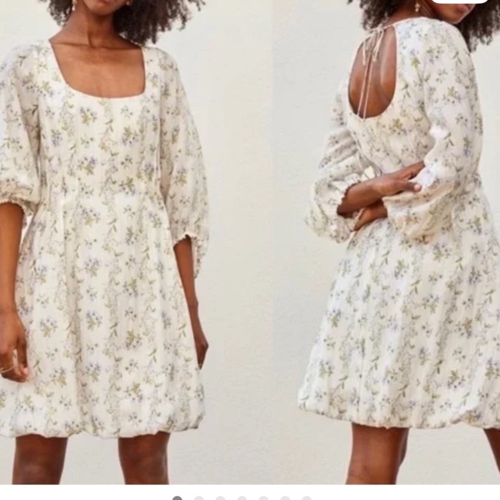 Brock Collection x H&M Floral Bubble Hem Balloon Sleeve Mini‎ Dress White Blue L